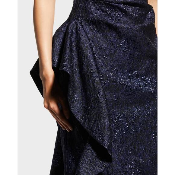 Rickie Freeman Teri Jon Navy One-Shoulder Jacquard Side-Ruffle Evening Gown 16 - Picture 7 of 14